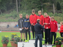 SM P15 Raisio 2014
Kuulantyönnön joukuekilpailun palkintojenjako. Hopeaa Maarian Mahti, Lauri Pajuniemi ja Joonas Nurmi